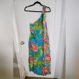 FARM Rio One-Shoulder Tropical Midi Dress in Blue with Pink & Green Floral Print